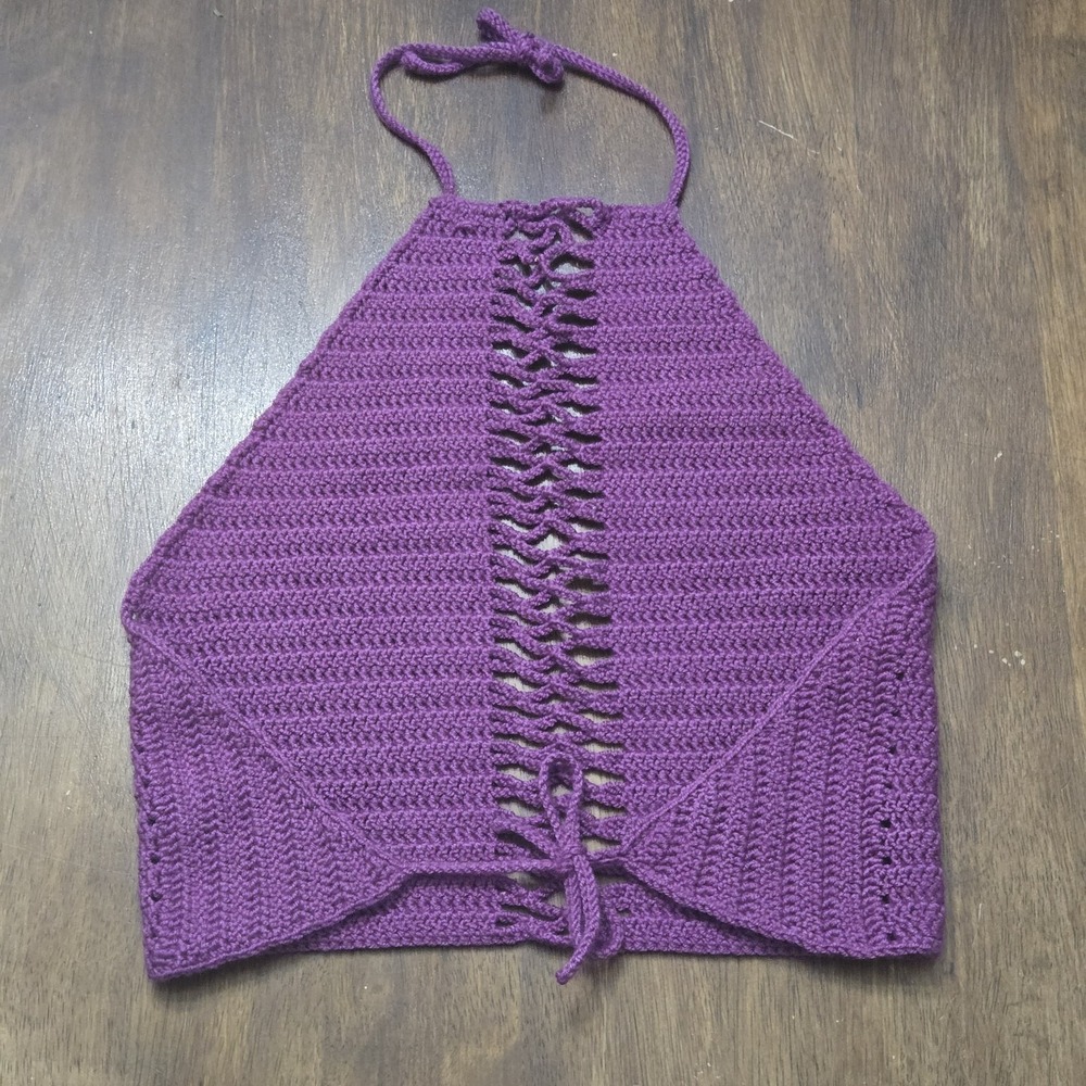 Handmade Crochet Halter Top Purple Knit Crop Top Boho Hippie Festival Backless - Picture 4 of 6
